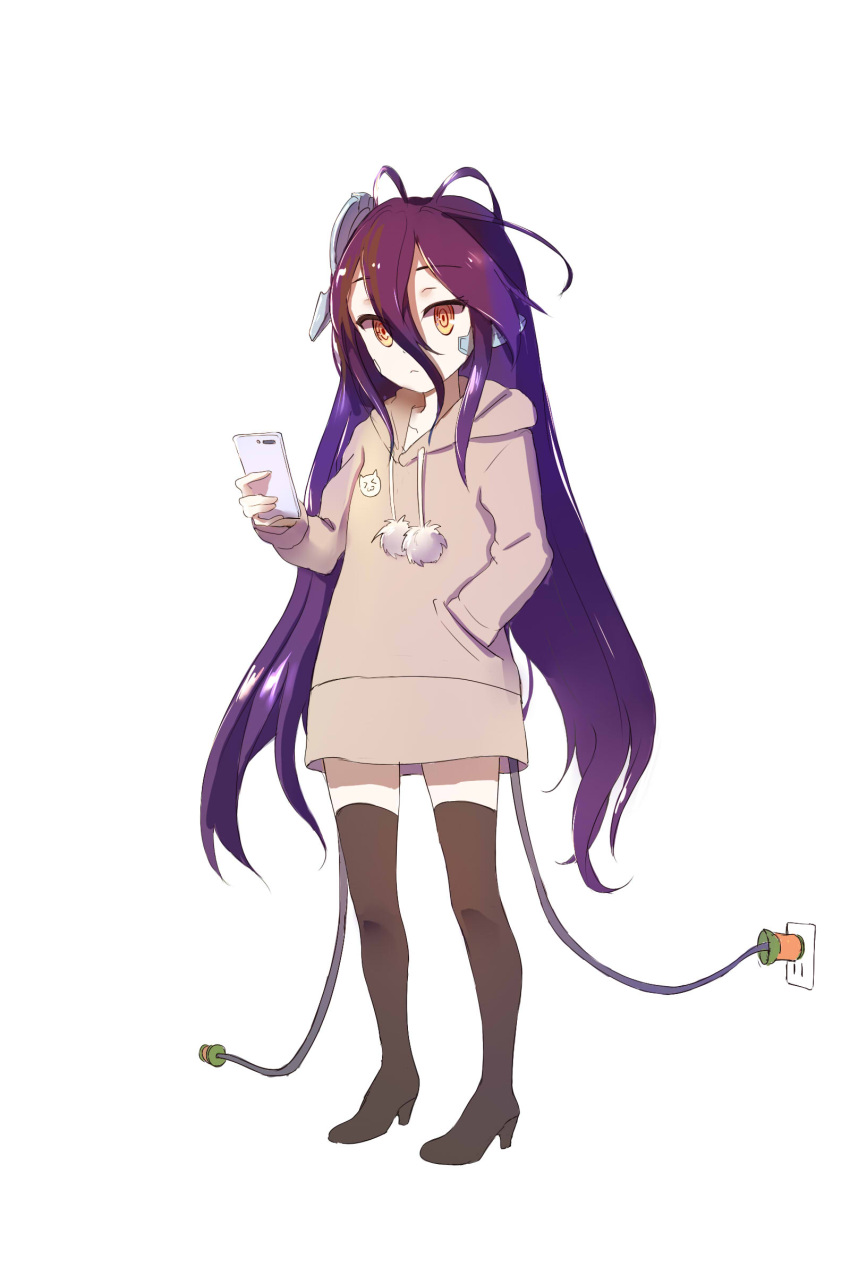 1girl absurdres black_footwear boots brown_sweater eyebrows_visible_through_hair full_body hair_between_eyes hand_in_pocket highres holding holding_phone long_hair no_game_no_life orange_eyes phone purple_hair shuvi_dora simple_background sishenfan solo standing thigh-highs thigh_boots very_long_hair white_background