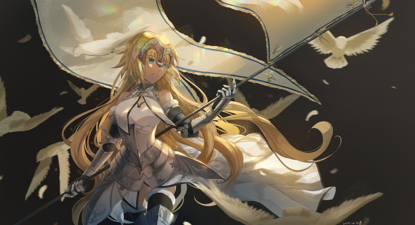1girl 2017 absurdres armor armored_boots armored_dress banner bird black_legwear blonde_hair blue_eyes boots cowboy_shot dress eyebrows_visible_through_hair fate/apocrypha fate_(series) floating_hair fur_trim gauntlets highres holding holding_weapon jeanne_d'arc_(fate) jeanne_d'arc_(fate)_(all) long_hair ludou_maomao parted_lips signature sleeveless sleeveless_dress solo standing thigh-highs thigh_boots very_long_hair weapon white_dress