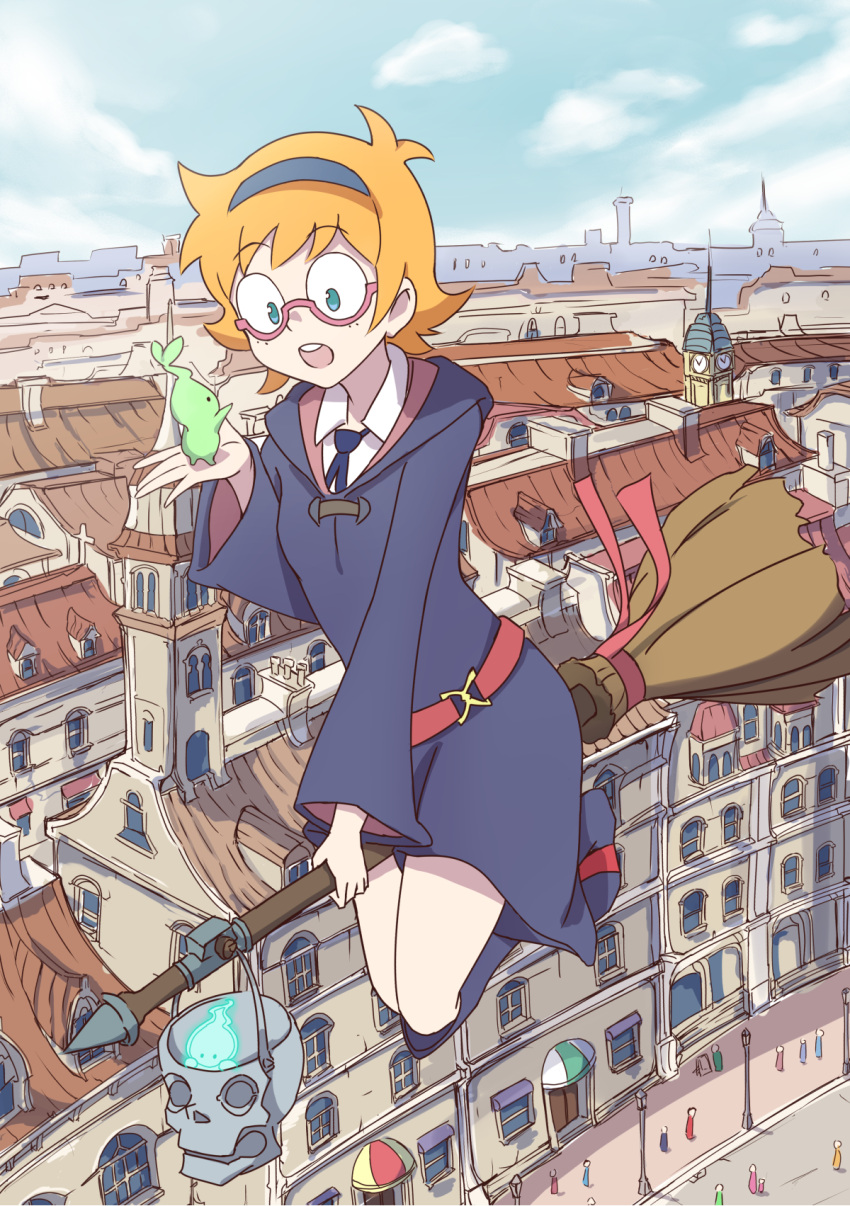 blonde_hair blue_eyes broom broom_riding hairband highres john_zhang little_witch_academia lotte_jansson open_mouth spirit