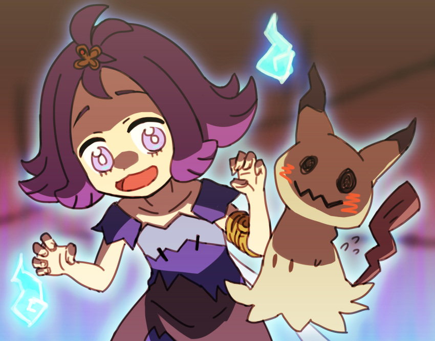 1girl :3 :d acerola_(pokemon) armlet aura blue_fire blurry bright_pupils collarbone depth_of_field dot_nose dress elite_four eyebrows eyelashes fingernails fire flat_chest flying_sweatdrops highres hitodama looking_at_another looking_to_the_side mimikyu mushiki_k open_mouth palms pokemon pokemon_(creature) pokemon_(game) pokemon_sm purple_dress purple_hair short_hair short_sleeves smile solo stitches tareme tongue topknot torn_clothes torn_sleeves trial_captain violet_eyes white_pupils