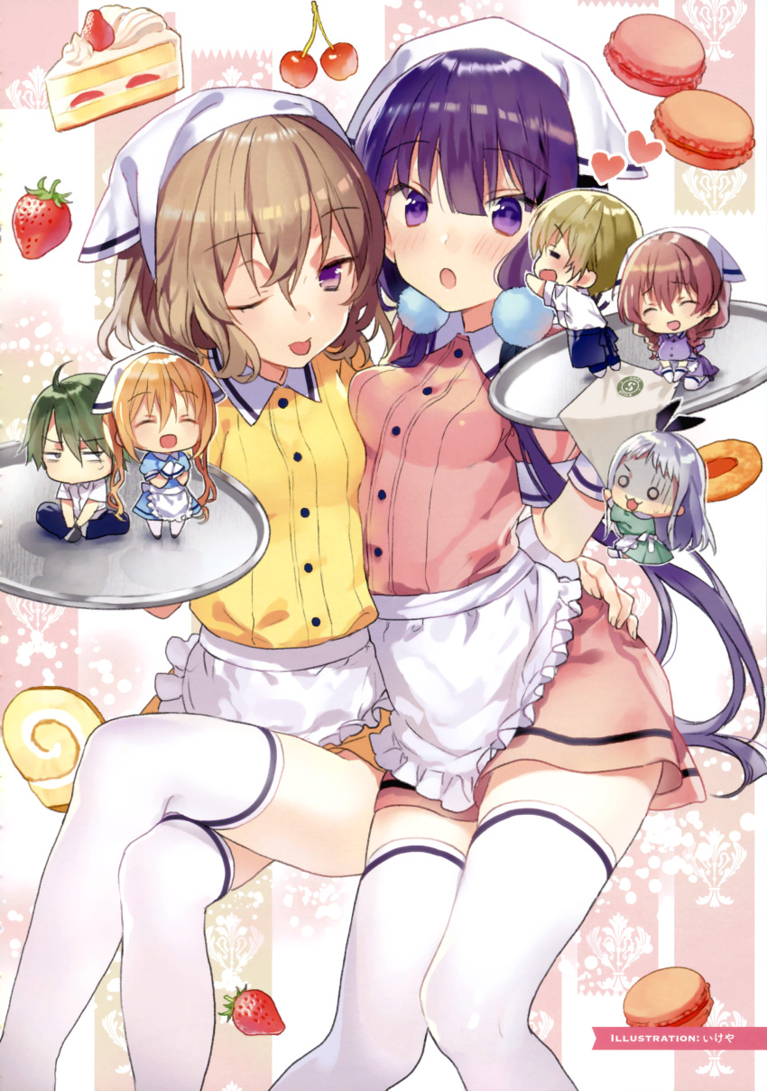 3boys 4girls ;p absurdres akizuki_kouyou amano_miu apron asymmetrical_docking blend_s breast_press breasts brown_hair cake cherry chibi dino_(blend_s) dress eyebrows_visible_through_hair food fruit hair_over_shoulder heart highres hinata_kaho hoshikawa_mafuyu ikeya kanzaki_hideri legs_crossed long_hair low_twintails macaron multiple_boys multiple_girls one_eye_closed photoshop pom_pom_(clothes) purple_hair sakuranomiya_maika scan short_dress short_hair small_breasts strawberry thigh-highs tongue tongue_out tray twintails violet_eyes waist_apron white_legwear