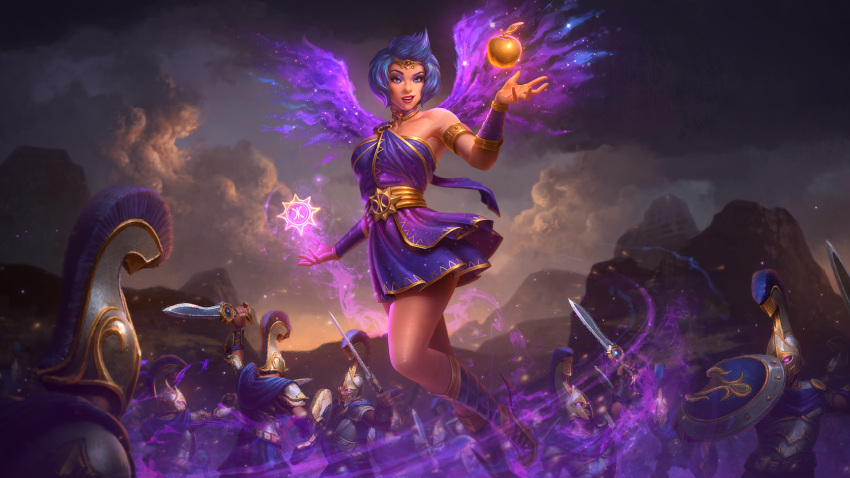 1girl apple armor blue_hair boots clouds cloudy_sky discordia_(smite) faceless faceless_male food fruit glowing glowing_eyes golden_apple helmet highres jon_neimeister multicolored_hair official_art open_mouth purple_hair rock shield sky smite solo sword teeth tiara two-tone_hair violet_eyes weapon wings