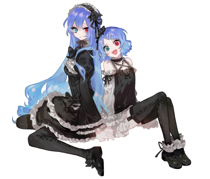 2girls :d anti_the_infinite_holic_(vocaloid) back-to-back bangs bare_shoulders black_footwear black_rose blue_hair blush camisole detached_sleeves dress flower frilled_dress frilled_hairband frills garter_straps green_eyes hair_flower hair_ornament hairband hairclip heterochromia kagamine_rin long_hair looking_at_viewer lunch_(lunchicken) megurine_luka multiple_girls open_mouth pale_skin pantyhose parted_lips red_eyes rose shoes short_hair sitting smile thigh-highs transparent_background very_long_hair vocaloid