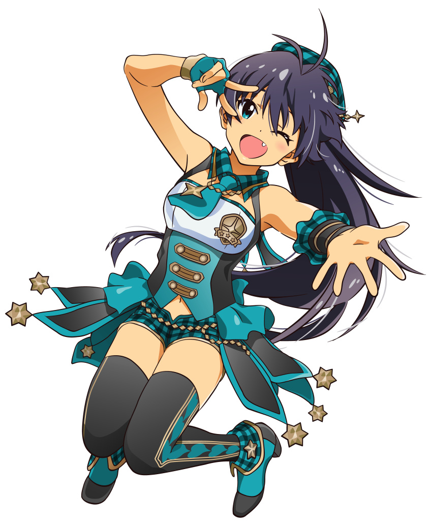 1girl ;d absurdres akizuki_ritchan antenna_hair asymmetrical_gloves black_hair black_legwear blue_eyes blue_gloves blue_neckwear blue_shorts derivative_work fan fingerless_gloves floating_hair full_body ganaha_hibiki gloves highres idolmaster idolmaster_(classic) idolmaster_platinum_stars long_hair navel necktie one_eye_closed open_mouth short_shorts shorts smile solo sparkle thigh-highs transparent_background very_long_hair wrist_cuffs