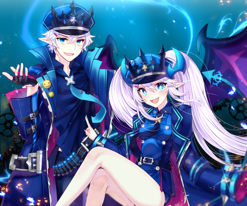 1boy 1girl :d belt black_neckwear blue blue_background blue_coat blue_eyes blue_hat blue_shirt ciel_(elsword) earrings elsword fang hat highres jewelry legs long_hair looking_at_viewer luciela_r._sourcream necktie open_mouth pointy_ears shirt signature sleeves_past_wrists smile twintails twitter_username white_hair white_neckwear xes_(xes_5377)