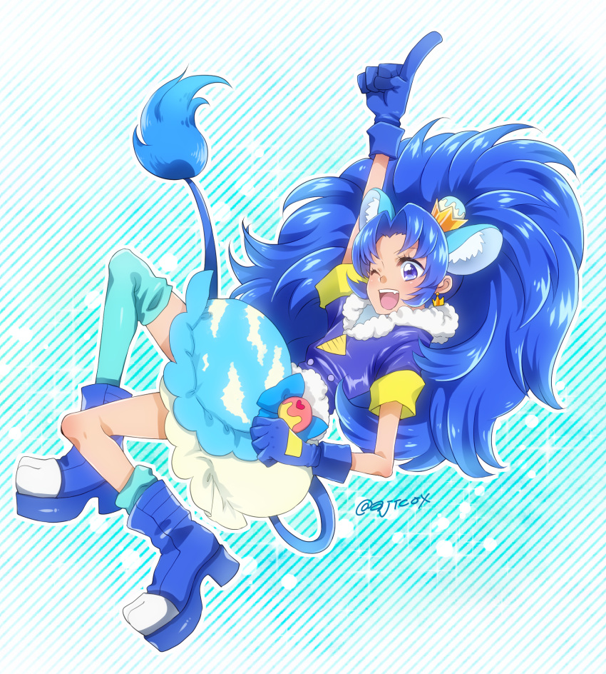 1girl ;d ajiko_(ajicox) animal_ears arm_up blue blue_background blue_eyes blue_footwear blue_gloves blue_hair blue_legwear blue_shirt blue_skirt crown cure_gelato earrings extra_ears full_body gloves highres jewelry kirakira_precure_a_la_mode layered_skirt lion_ears lion_tail long_hair looking_at_viewer magical_girl mini_crown one_eye_closed open_mouth pointing precure shirt shoes single_thighhigh skirt smile solo tail tategami_aoi thigh-highs twitter_username white_skirt