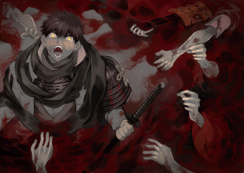 1boy armor black_hair blood corpse cover cover_page doudanuki_masakuni glowing glowing_eyes grayterre highres japanese_armor japanese_clothes looking_at_viewer male_focus open_mouth shouting solo sword touken_ranbu weapon yellow_eyes