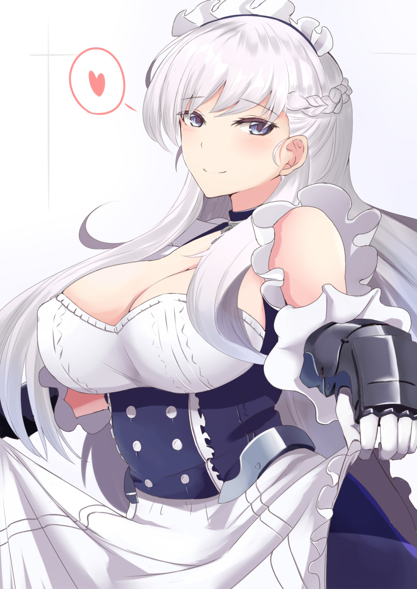 1girl apron azur_lane bangs bare_shoulders belfast_(azur_lane) blue_eyes braid breasts chains cleavage collar corset erect_nipples eyebrows_visible_through_hair french_braid gauntlets gloves heart highres large_breasts long_hair looking_at_viewer maid_headdress ninoude_(ninoude44) silver_hair smile solo spoken_heart