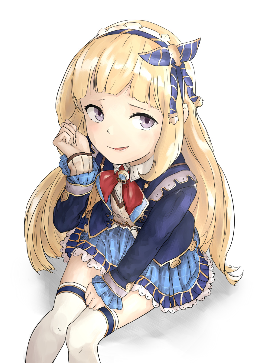 1girl absurdres bangs blonde_hair blue_hairband blue_jacket blue_skirt blunt_bangs blush cagliostro_(granblue_fantasy) collared_shirt commentary_request epi_zero flat_chest foreshortening frilled_skirt frills from_above granblue_fantasy hairband highres jacket long_hair long_sleeves looking_at_viewer parted_lips red_neckwear school_uniform shadow shirt sitting skirt solo thigh-highs violet_eyes white_background white_legwear white_shirt wing_collar zettai_ryouiki