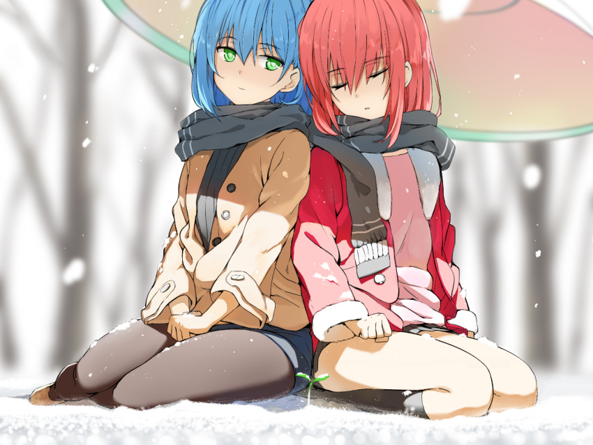 2girls black_legwear blue_hair brown_coat closed_eyes closed_mouth coat eyebrows_visible_through_hair green_eyes kneehighs light_smile looking_at_another miniskirt multiple_girls open_mouth original pantyhose red_coat redhead scarf seiza side-by-side sitting skirt sleeping snow sprout tameiki winter_clothes winter_coat yokozuwari