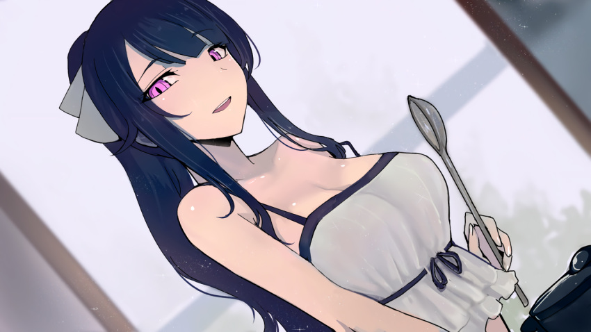 1girl :d blue_hair blurry breasts camisole cleavage crop_top depth_of_field dutch_angle eyebrows_visible_through_hair game_cg indoors ladle large_breasts long_hair looking_at_viewer open_mouth original pink_eyes ponytail sidelocks smile solo sparkle upper_body walzrj