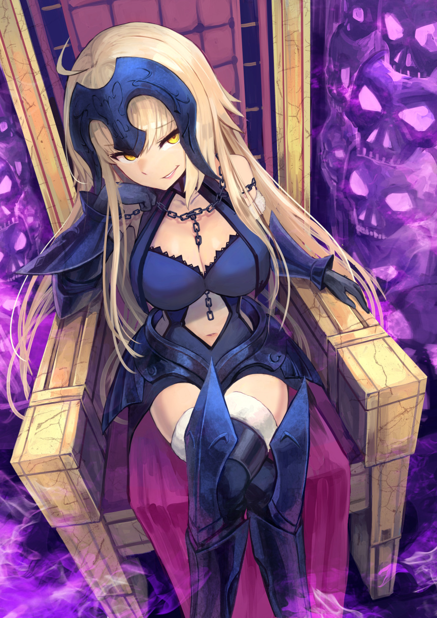 1girl blonde_hair breasts chains cleavage dress fate/grand_order fate_(series) gloves grin highres jeanne_d'arc_(alter)_(fate) jeanne_d'arc_(fate)_(all) large_breasts legs_crossed long_hair sawawse sitting skull smile solo thigh-highs throne yellow_eyes