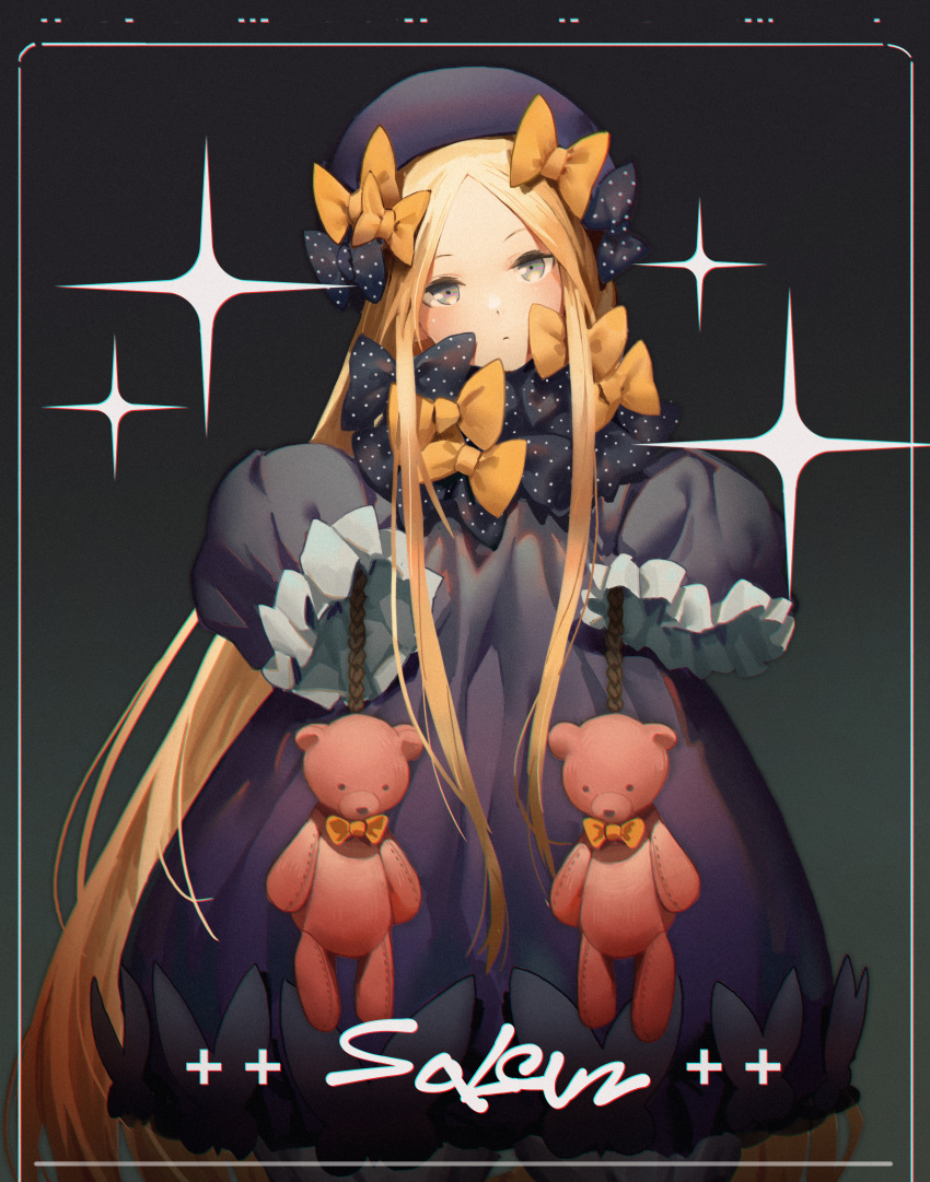 1girl abigail_williams_(fate/grand_order) absurdres beret black_bow black_dress blonde_hair blush bow closed_mouth cowboy_shot dress fate/grand_order fate_(series) forehead grey_eyes hair_bow hands_in_sleeves hands_up hat highres holding long_hair looking_at_viewer polka_dot polka_dot_bow sidelocks solo sparkle stuffed_animal stuffed_toy teddy_bear very_long_hair waterkuma yellow_bow