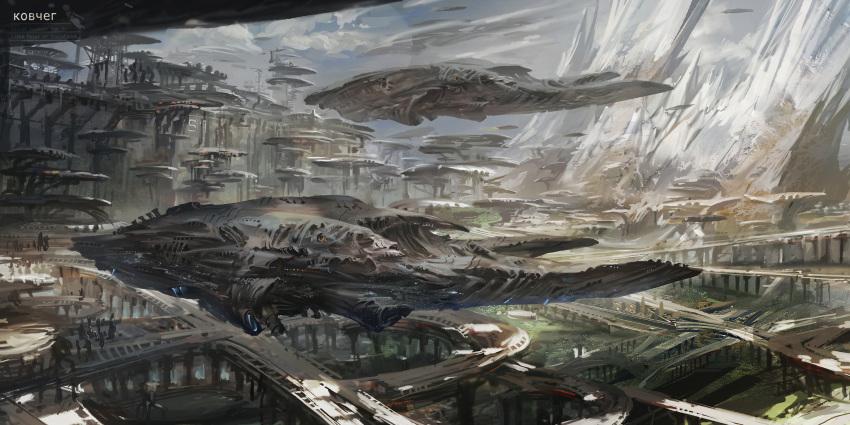 artist_name blurry bridge city cityscape clouds fantasy highres mountain no_humans original road scenery science_fiction sketch sky space_craft street stu_dts