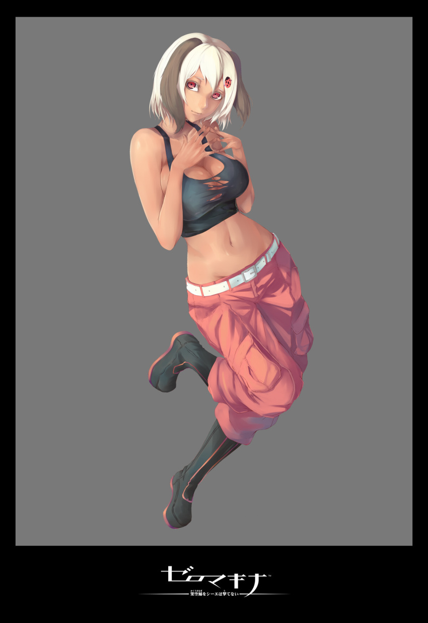 1girl bare_shoulders belt black_shirt boots border borrowed_character breasts cleavage dark_skin fingers_together full_body grey_background grey_hair hair_ornament highres jikeshi ladybug large_breasts looking_at_viewer midriff mikainu_zozo multicolored_hair navel pants pink_eyes pink_pants shirt short_hair solo tank_top torn_clothes torn_shirt two-tone_hair white_hair zeromachina