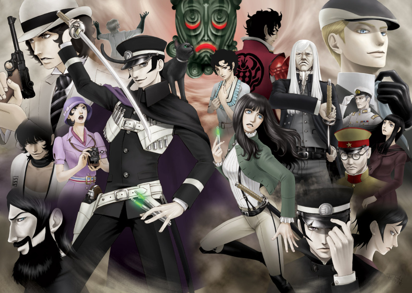 5girls 6+boys asakura_tae black_hair boy camera cape cat daidoji_kaya devil_summoner formal gouto gun handgun hat highres holding holding_sword holding_weapon kuzunoha_geirin kuzunoha_raido kuzunoha_raidou louis_cypher multiple_boys multiple_girls nagi_(devil_summoner) narumi_shouhei necktie pistol rasputin_(devil_summoner) revolver school_uniform shako_cap shin_megami_tensei short_hair sword tsukigata_dahn weapon