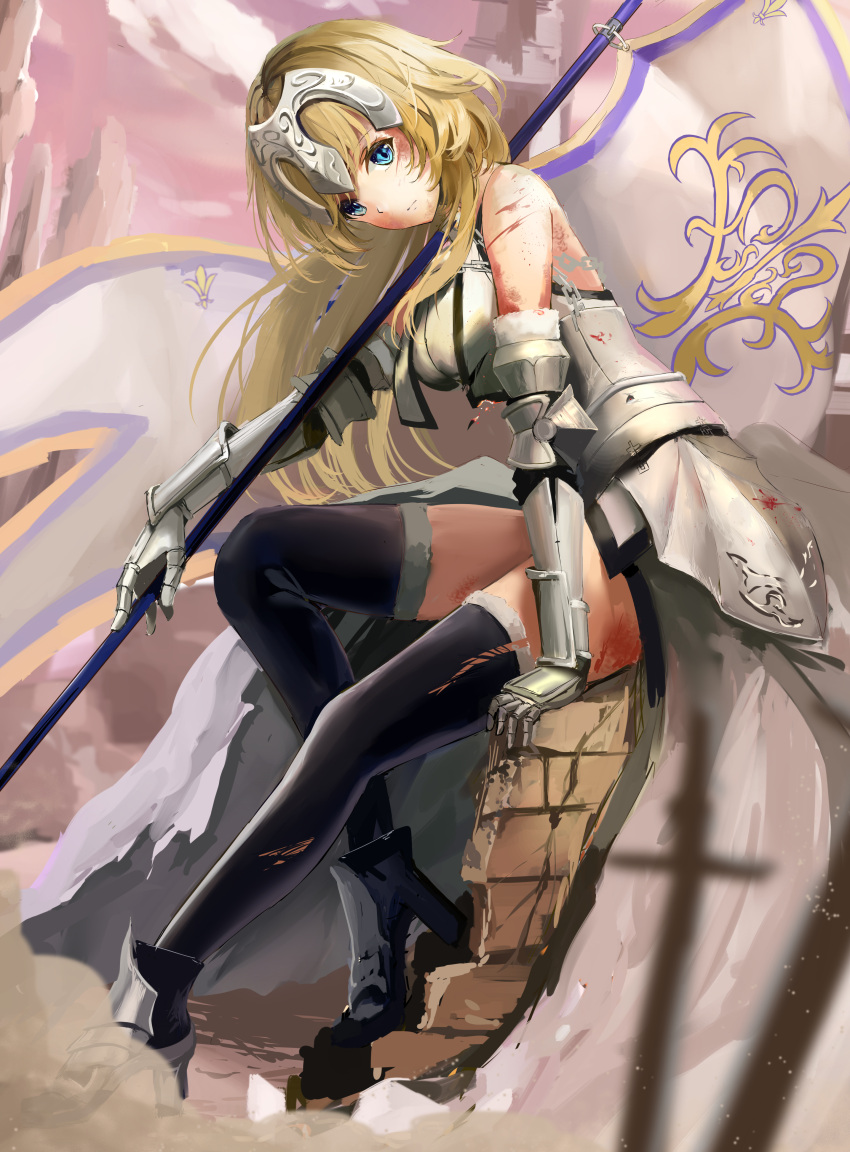 1girl absurdres arm_support armor armored_dress black_legwear blonde_hair blue_eyes dress fate/apocrypha fate_(series) floating_hair gauntlets high_heels highres jeanne_d'arc_(fate) jeanne_d'arc_(fate)_(all) long_hair looking_at_viewer outdoors shi-ro sitting sleeveless sleeveless_dress smile solo thigh-highs torn_clothes torn_thighhighs white_dress