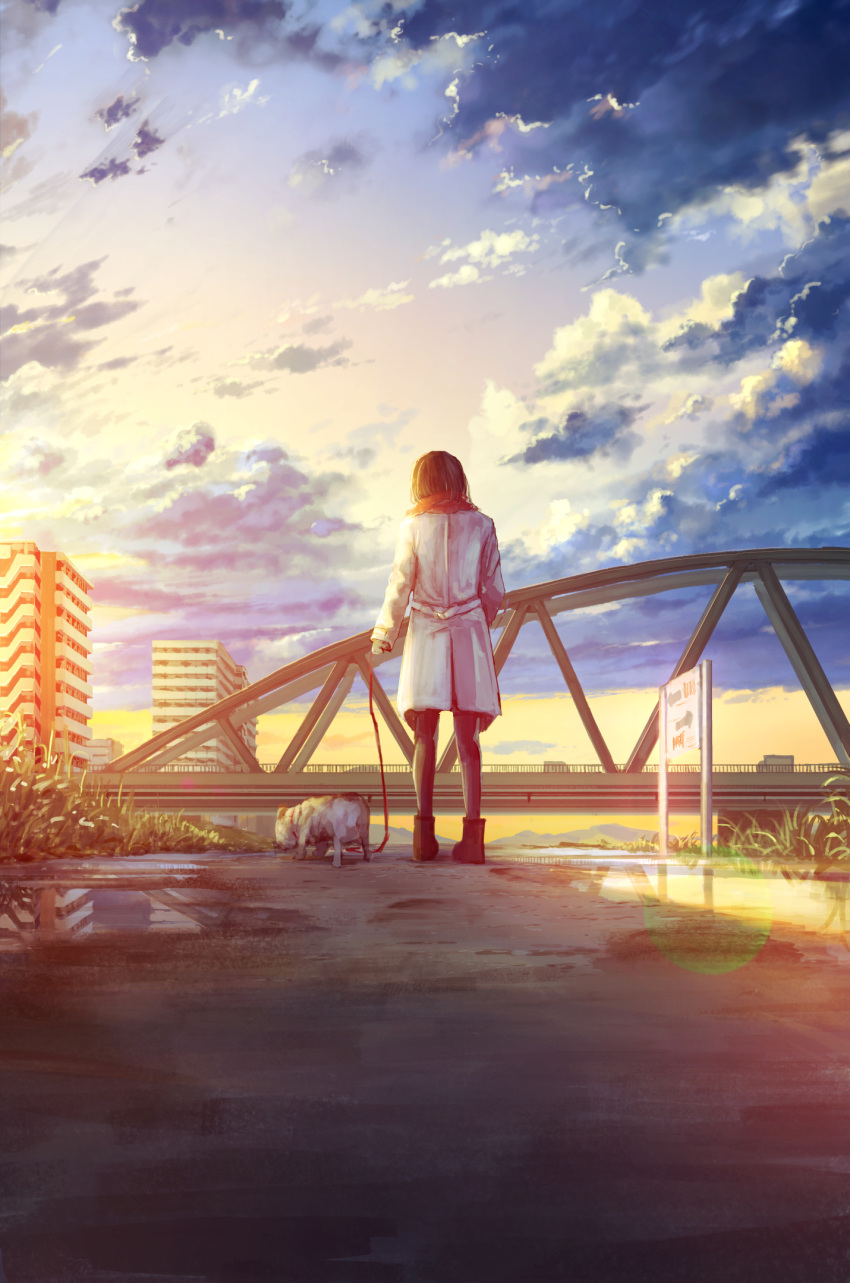 1girl backlighting black_legwear blurry bokeh bridge building bulldog city clouds coat depth_of_field dog from_behind grass highres hill leash original pantyhose path reflection river road scarf scenery sign sky solo sugi87 sunset twilight water winter_clothes winter_coat