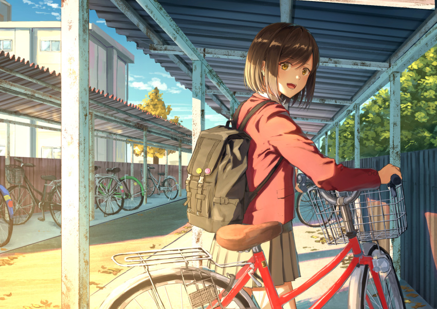 1girl :d backpack bag bicycle bicycle_basket blue_sky brown_eyes brown_hair brown_skirt cardigan clouds commentary_request corrugated_galvanised_iron_sheet cowboy_shot day fence from_side ground_vehicle highres long_sleeves looking_at_viewer looking_to_the_side open_mouth original outdoors pin pleated_skirt revision school shirt short_hair skirt sky smile solo standing sugi87 tree white_shirt window