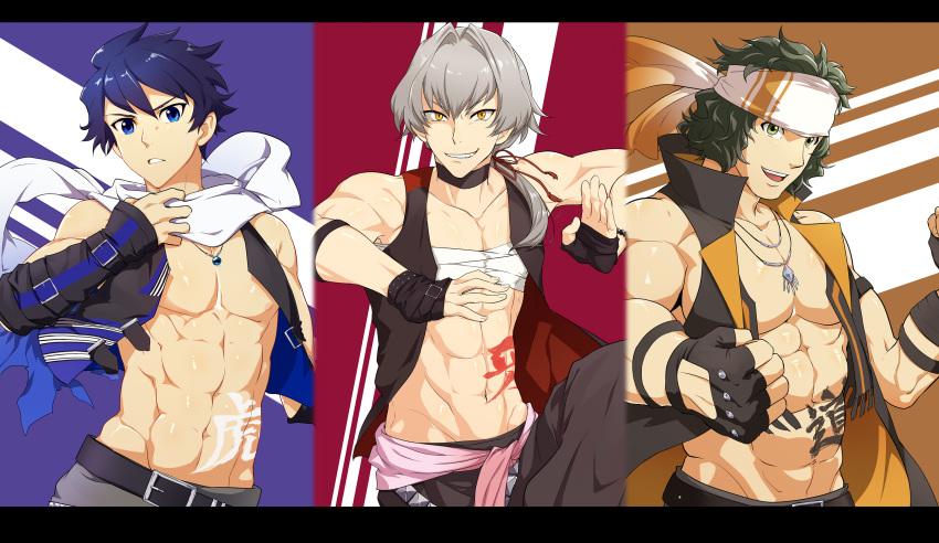 3boys absurdres bandanna blue_eyes blue_hair choker collarbone enjouji_michiru fingerless_gloves gloves green_eyes green_hair grin hair_tie highres idolmaster idolmaster_side-m jewelry kizaki_ren letterboxed looking_at_viewer male_focus multiple_boys muscle necklace open_mouth parted_lips ponytail sarashi scarf shirtless silver_hair smile taiga_takeru tamahiro tattoo the_kogado yellow_eyes