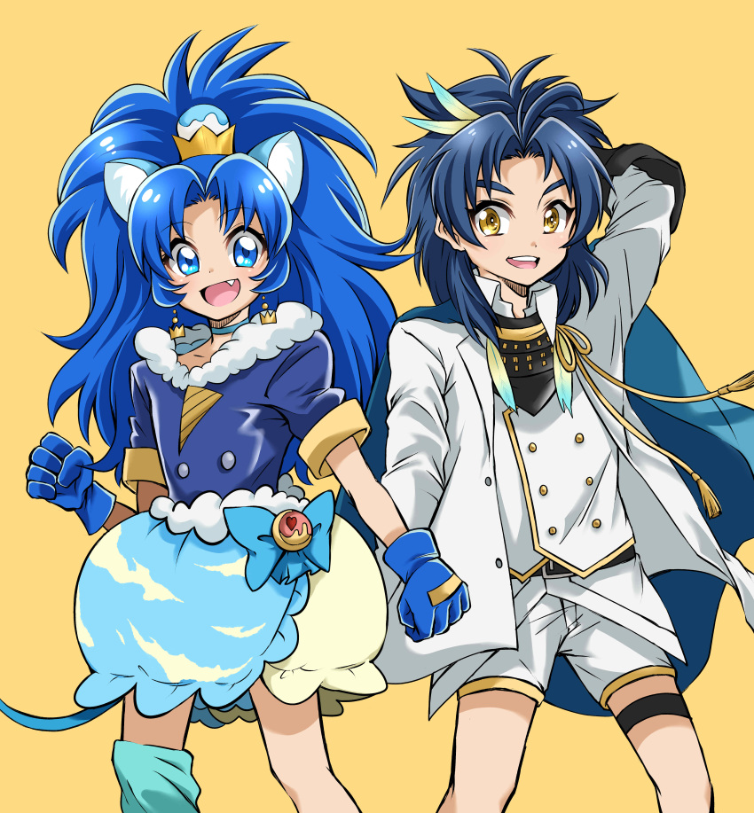 1boy 1girl :d absurdres animal_ears anri_(kuro_89_428) bangs blue_bow blue_eyes blue_gloves blue_hair blue_legwear blue_neckwear blue_shirt blue_skirt bow choker clenched_hand cowboy_shot crossover crown cure_gelato feathers gloves highres jacket kirakira_precure_a_la_mode layered_skirt lion_ears lion_tail long_hair looking_at_viewer magical_girl mini_crown open_mouth parted_bangs precure shirt shorts simple_background single_thighhigh skirt smile standing taikogane_sadamune tail tategami_aoi thigh-highs touken_ranbu white_jacket white_shirt white_shorts white_skirt yellow_background yellow_eyes