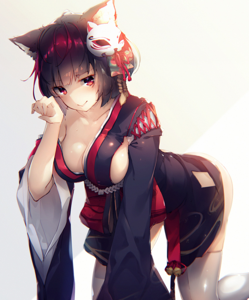 1girl absurdres all_fours animal_ears azur_lane bangs black_hair black_kimono blunt_bangs breasts cat_ears cat_mask cleavage closed_mouth eyebrows_visible_through_hair hair_ornament hand_up highres huge_filesize japanese_clothes jitome kimono large_breasts legs_apart looking_at_viewer mask mask_on_head mizuya_(caxas328) paw_pose red_eyes shiny shiny_hair short_hair short_kimono sideboob sidelocks smile solo thigh-highs tsurime white_legwear wide_sleeves yamashiro_(azur_lane)