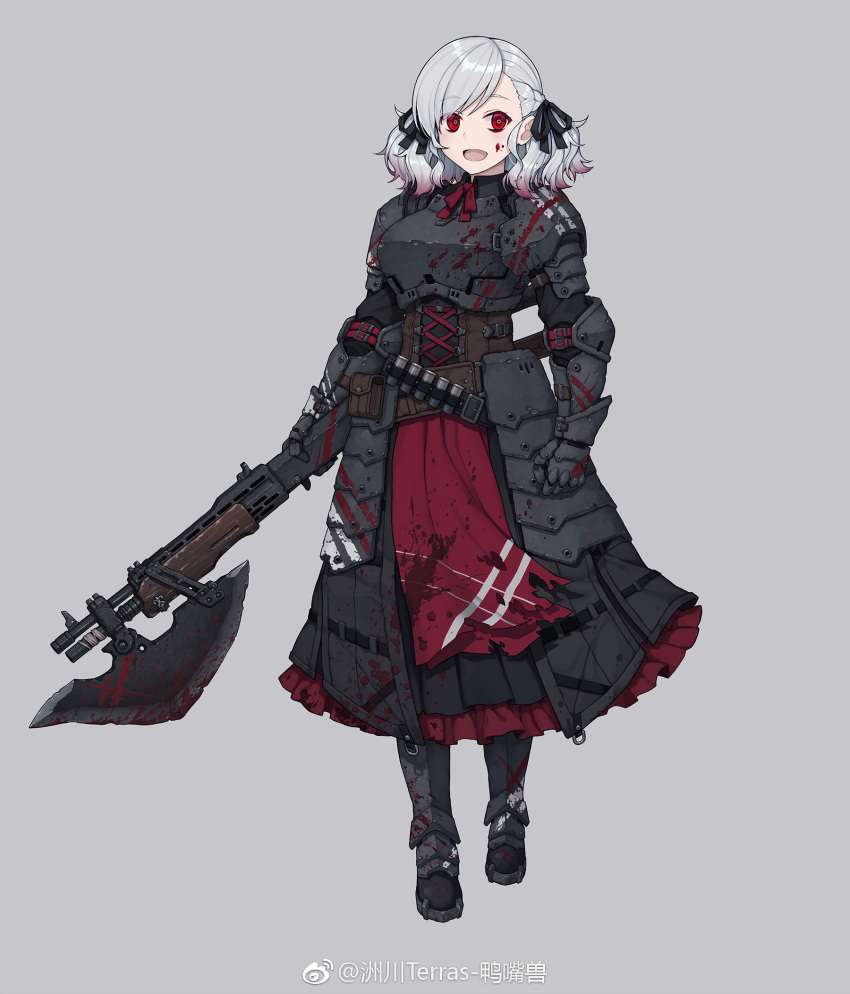 1girl blood blood_on_face bloody_clothes bloody_weapon crazy_eyes darkest_dungeon girls_frontline grey_background grey_hair gun highres looking_at_viewer namesake open_mouth plate_armor red_eyes shotgun solo spas-12 spas-12_(girls_frontline) terras twintails weapon