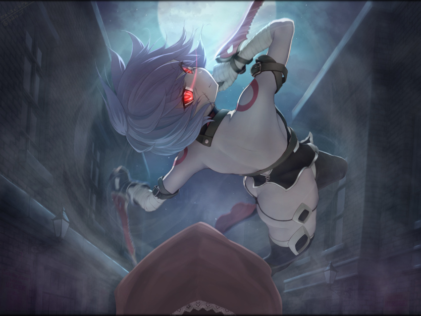 1girl arm_belt ass attack back bandage bandaged_arm bare_shoulders black_legwear black_panties bustier butt_crack dagger dual_wielding eyes_visible_through_hair fate/apocrypha fate_(series) full_moon gloves glowing glowing_eyes halter_top halterneck holding holding_dagger holding_knife hood jack_the_ripper_(fate/apocrypha) jumping knife looking_at_viewer lowleg lowleg_panties moon night panties penshiru_doragon red_eyes reverse_grip scar scar_across_eye scar_on_cheek shoulder_tattoo silver_hair single_glove smile solo_focus tattoo thigh-highs underwear weapon