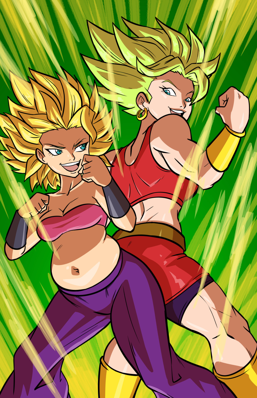 2girls absurdres aqua_eyes ass-to-ass aura axel_rosered back back-to-back back_view baggy_pants bandeau bare_arms bare_shoulders belly belt biceps big_hair bike_shorts black_shorts blonde_hair bracer breasts brown_belt caulifla cleavage clenched_hands collarbone cowboy_shot crop_top dragon_ball dragon_ball_super ear_piercing earrings explosion eyebrows eyelashes fat_folds fighting_stance floating_hair height_difference highres impossible_clothes jewelry kale_(dragon_ball) legs_apart lips looking_at_another love_handles medium_breasts midriff miniskirt muffin_top multiple_girls muscle muscular_female navel open_mouth pants piercing pink_bandeau plump power-up purple_pants red_shirt red_skirt saiyan shin_guards shiny shiny_clothes shiny_skin shirt shorts shorts_under_skirt simple_background size_difference skindentation skirt smile spiky_hair standing stomach strapless student super_saiyan super_saiyan_2 teacher teacher_and_student teeth thick_thighs thighs thin_waist toned tongue tubetop vambraces