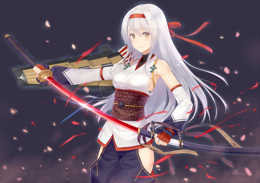 1girl alternate_costume bare_shoulders blush breasts brown_eyes cosplay dan_(kumadan) detached_sleeves fate/grand_order fate_(series) fingerless_gloves gloves hair_between_eyes headband highres holding holding_sword holding_weapon kantai_collection long_hair medium_breasts red_headband sheath shoukaku_(kantai_collection) sideboob silver_hair smile solo sword tomoe_gozen_(fate/grand_order) tomoe_gozen_(fate/grand_order)_(cosplay) weapon