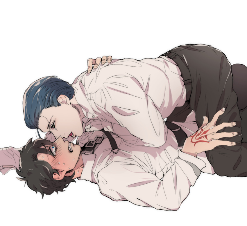 2boys black_hair blue_eyes blue_hair blush clenched_teeth command_spell dress_shirt fate/grand_order fate_(series) fujimaru_ritsuka_(male) hand_on_own_chest imminent_kiss male_focus multiple_boys open_mouth pale_skin scared sherlock_holmes_(fate/grand_order) shirt shirt_tucked_in sitting sitting_on_person straddling tears teeth yaoi