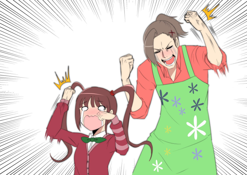1boy 1girl apron brown_hair clenched_hands crying emphasis_lines fist_pump hair_ornament hairclip highres hirose_geronimo idolmaster idolmaster_million_live! idolmaster_side-m matsuda_arisa open_mouth ponytail tears twintails upper_body watanabe_minori wavy_mouth wiping_tears x_hair_ornament