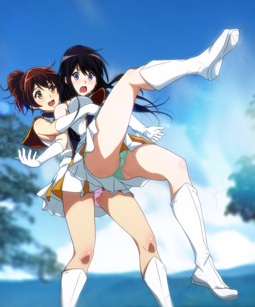 2girls :d ass bangs black_hair blue_sky blurry blurry_background blush body_blush boots breasts brown_hair day depth_of_field dress elbow_gloves foreshortening from_below full_body gloves gluteal_fold green_panties hibike!_euphonium highres knee_boots kousaka_reina legs_apart legs_up lifting_person long_hair looking_down medium_breasts multiple_girls official_style open_mouth oumae_kumiko outdoors panties pantyshot pantyshot_(sitting) pink_panties ponytail sailor_collar sbel02 short_hair sitting sky sleeveless sleeveless_dress smile standing tareme thighs tree underwear uniform v-shaped_eyebrows violet_eyes white_dress white_footwear white_gloves yellow_eyes