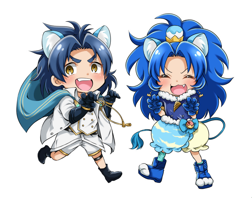 1boy 1girl :d absurdres animal_ears anri_(kuro_89_428) black_footwear black_gloves blue_cape blue_footwear blue_hair blue_legwear blue_shirt blue_skirt blush cape chibi closed_eyes crossover crown cure_gelato earrings extra_ears fang full_body gloves highres jacket jewelry kemonomimi_mode kirakira_precure_a_la_mode layered_skirt lion_ears lion_tail long_hair looking_at_viewer magical_girl mini_crown open_mouth paw_pose precure shirt shoes shorts simple_background single_thighhigh skirt smile standing taikogane_sadamune tail tategami_aoi thigh-highs touken_ranbu white_background white_jacket white_shorts white_skirt yellow_eyes