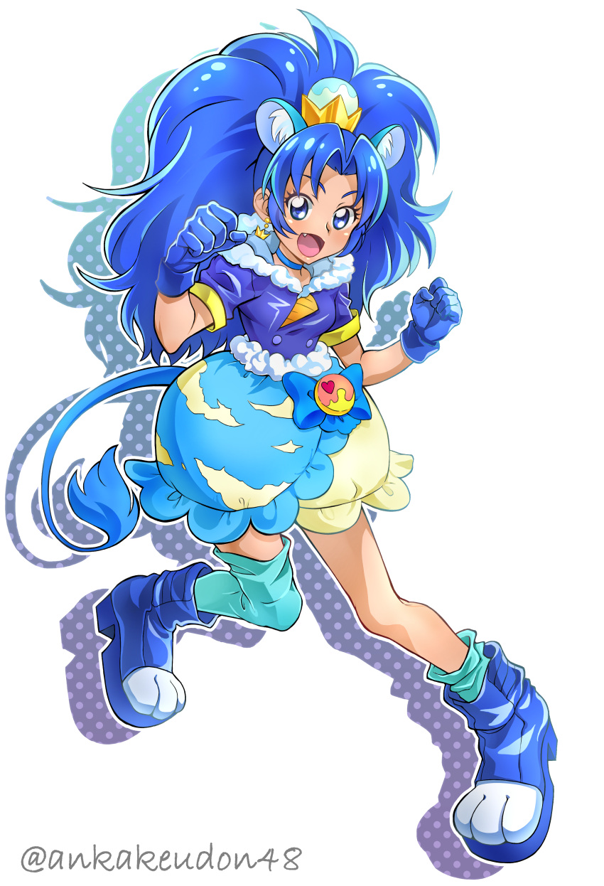 1girl :d absurdres animal_ears ankake_(ankakeudon48) blue_bow blue_eyes blue_footwear blue_gloves blue_hair blue_legwear blue_neckwear blue_shirt blue_skirt bow bubble_skirt choker clenched_hand crown cure_gelato earrings extra_ears full_body gloves highres jewelry kirakira_precure_a_la_mode layered_skirt lion_ears lion_tail long_hair looking_at_viewer magical_girl mini_crown open_mouth precure shirt shoes simple_background single_thighhigh skirt smile solo tail tategami_aoi thigh-highs twitter_username white_background white_skirt