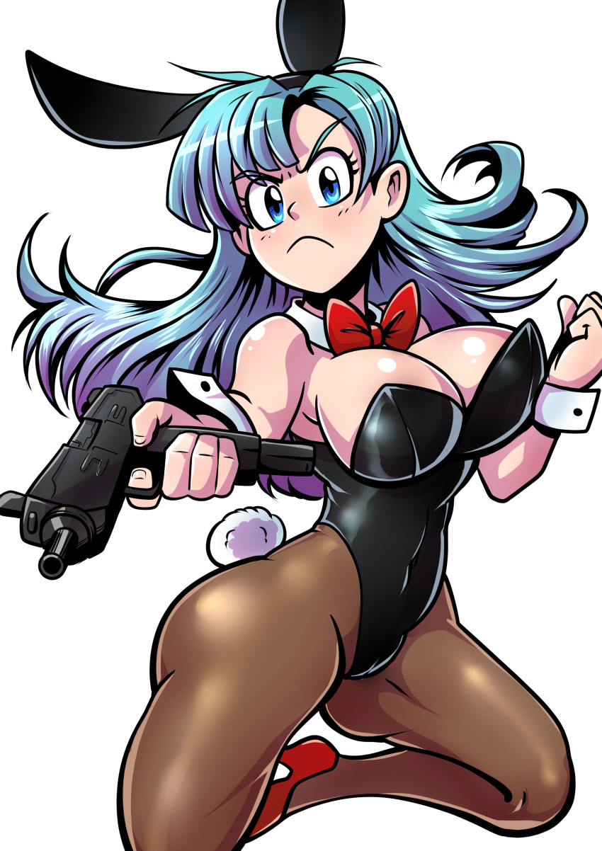1girl absurdres alternate_costume anaugi animal_ears bare_shoulders black_leotard blue_eyes blue_hair bow bowtie breasts bulma bunny_girl bunny_tail bunnysuit cleavage clenched_hand covered_navel curvy detached_collar dragon_ball fake_animal_ears female frown gun high_heels highres imi_uzi large_breasts leotard long_hair looking_at_viewer pantyhose rabbit_ears red_footwear shiny_skin solo strapless strapless_leotard submachine_gun tail weapon wrist_cuffs