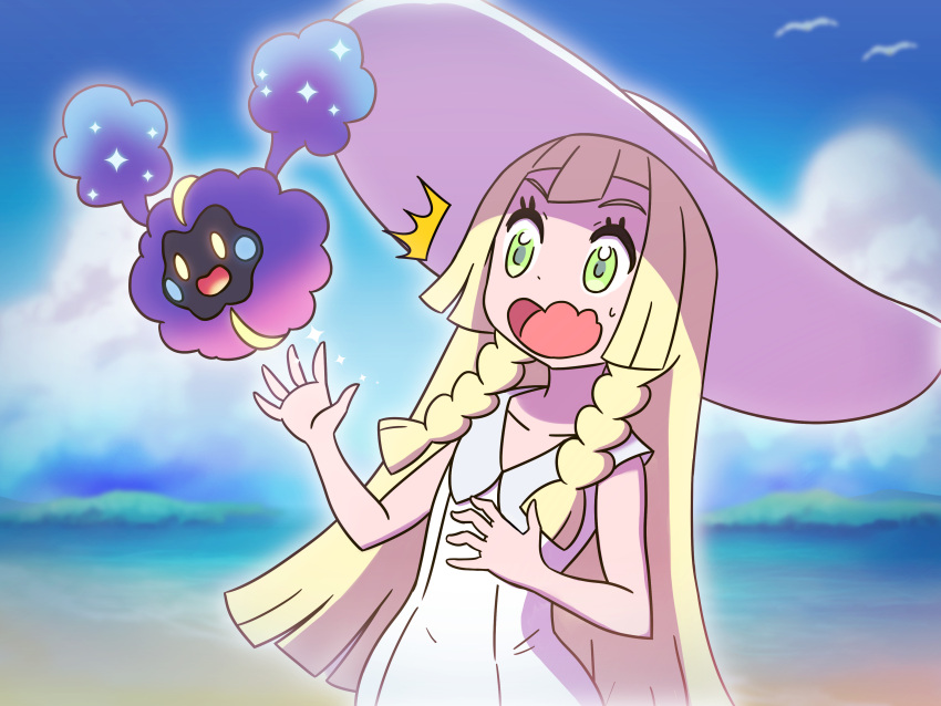 /\/\/\ 1girl absurdres bangs bare_arms bare_shoulders beach blonde_hair blue_sky blunt_bangs blurry braid collarbone collared_dress cosmog day depth_of_field dress eyebrows eyelashes flat_chest green_eyes hat highres legendary_pokemon lillie_(pokemon) long_hair mushiki_k ocean open_mouth outdoors palms pokemon pokemon_(creature) pokemon_(game) pokemon_sm sand sky sleeveless sleeveless_dress solo sparkle straight_hair sun_hat sundress surprised sweatdrop tareme tongue twin_braids water wavy_mouth white_dress white_hat wingull