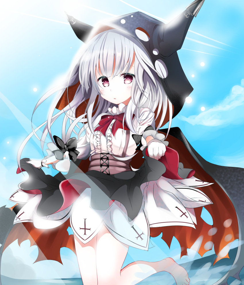1girl absurdres azur_lane bangs barefoot black_bow black_cape black_skirt blue_sky blush bow bowtie cape center_frills clouds commentary_request day erebus_(azur_lane) frills gloves hair_between_eyes highres hood horns kuromiko_shoujo long_hair long_sleeves looking_at_viewer ocean outdoors parted_lips puffy_long_sleeves puffy_sleeves red_eyes red_neckwear shirt skirt skirt_hold sky solo standing standing_on_one_leg torn_cape very_long_hair white_gloves white_hair white_shirt