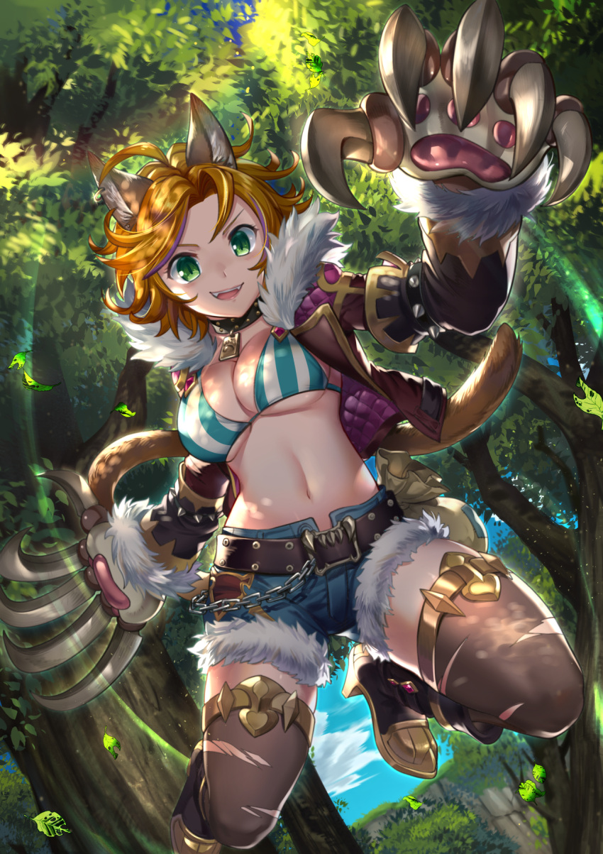 1girl :d ahoge animal_ears belt boots breasts chains claws collar commentary_request cropped_jacket day fangs forest foxvulpine fur-trimmed_shorts fur_collar gloves green_eyes high_heel_boots high_heels highres jumping leaf looking_at_viewer medium_breasts midriff nature navel open_mouth orange_hair original outdoors paw_gloves paws sack short_hair short_shorts shorts smile smirk solo striped tail teeth thigh-highs torn_clothes torn_thighhighs tree v-shaped_eyebrows vertical_stripes