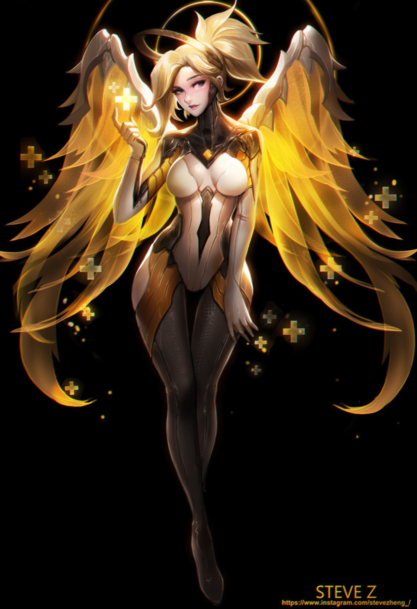 + 1girl adapted_costume artist_name backlighting black_background blonde_hair blue_eyes blush breasts brown_legwear chromatic_aberration cleavage faulds full_body glowing glowing_wings high_ponytail highres looking_at_viewer mechanical_halo mechanical_wings medium_breasts mercy_(overwatch) nose overwatch parted_lips pelvic_curtain pink_lips short_hair signature simple_background smile solo spread_wings standing steve_zheng thigh_gap watermark web_address wings yellow_wings