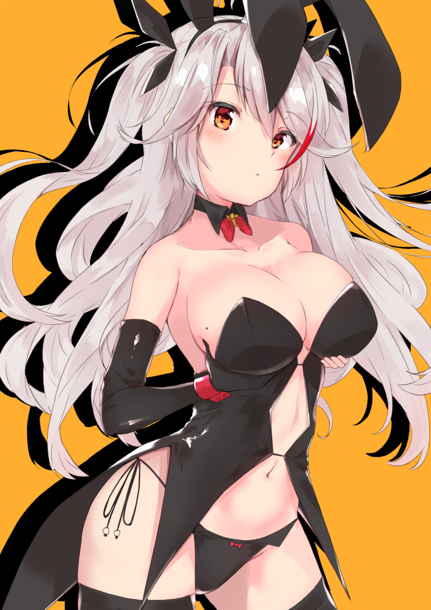 1girl alternate_costume animal_ears azur_lane bangs bare_shoulders black_legwear blush breasts brown_eyes cleavage collarbone commentary_request contrapposto cowboy_shot curly_hair detached_collar detached_sleeves eyebrows_visible_through_hair grabbing_own_breast hair_between_eyes hair_ribbon head_tilt highres large_breasts latex long_hair looking_at_viewer minikon mole mole_on_breast multicolored_hair navel panties parted_bangs prinz_eugen_(azur_lane) rabbit_ears redhead ribbon self_fondle side-tie_panties sidelocks silhouette silver_hair simple_background skindentation solo thigh-highs two_side_up underwear wrist_cuffs yellow_background