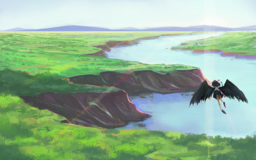 1girl black_wings blurry cliff fjsmu flying hat highres hill horizon lens_flare light_rays river scenery shameimaru_aya skirt sky solo sunlight tokin_hat touhou wings