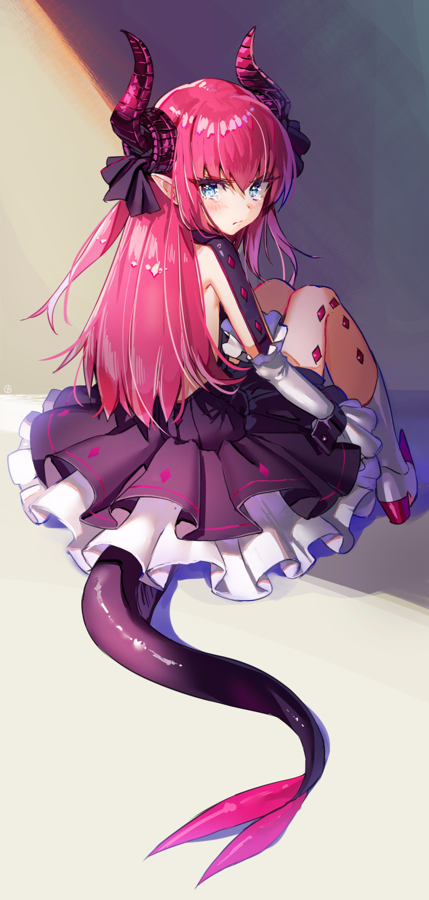 1girl absurdres bangs black_ribbon black_skirt blue_eyes boots elizabeth_bathory_(fate) elizabeth_bathory_(fate)_(all) fate/extra fate/extra_ccc fate_(series) frilled_skirt frills full_body hair_ribbon hieung highres horns knees_up lancer_(fate/extra_ccc) layered_skirt long_hair looking_at_viewer pink_hair pointy_ears ribbon shiny shiny_hair sitting skirt solo tail tears white_footwear wrist_cuffs