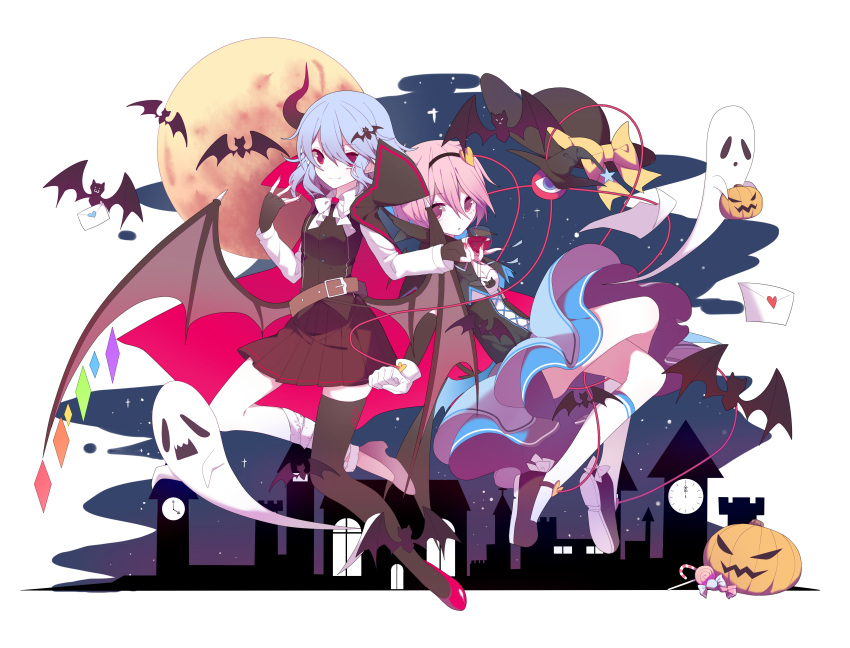 2girls absurdres alternate_costume black_hairband blue_hair cape commentary gla hair_ornament hairband heart_hair_ornament highres komeiji_satori moon multiple_girls no_hat no_headwear pink_hair red_eyes remilia_scarlet short_hair smile third_eye touhou