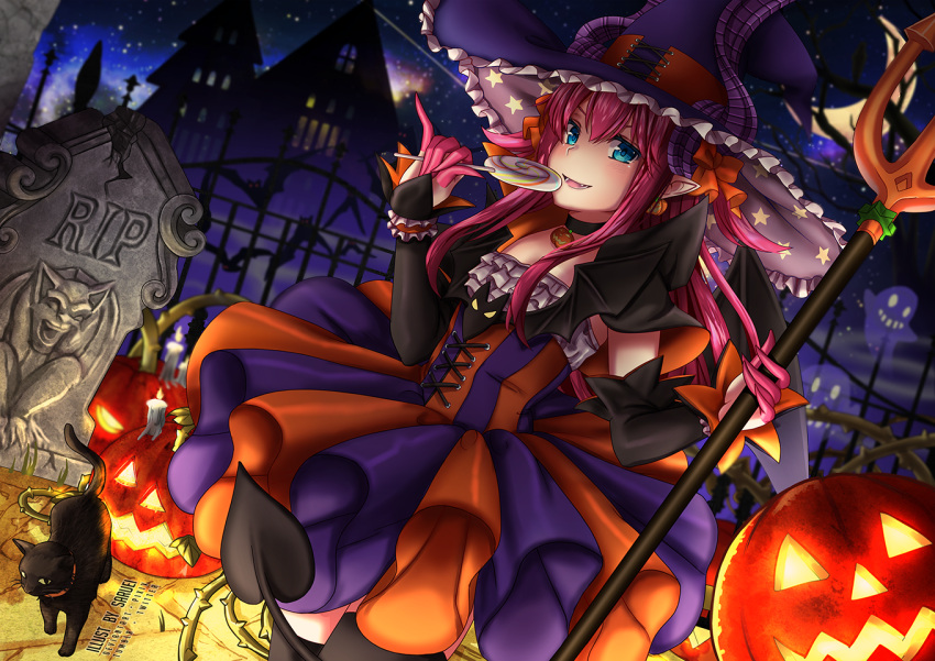 1girl black_cat black_legwear blue_eyes blush bow bridal_gauntlets candy cat choker cowboy_shot crescent_moon dress elizabeth_bathory_(fate)_(all) elizabeth_bathory_(halloween)_(fate) fang fate/grand_order fate_(series) food hair_between_eyes hair_bow halloween_costume hat horns jack-o'-lantern lollipop long_hair looking_at_viewer moon night parted_lips pink_hair pitchfork pointy_ears saruei smile solo striped striped_dress tail thigh-highs tombstone witch_hat