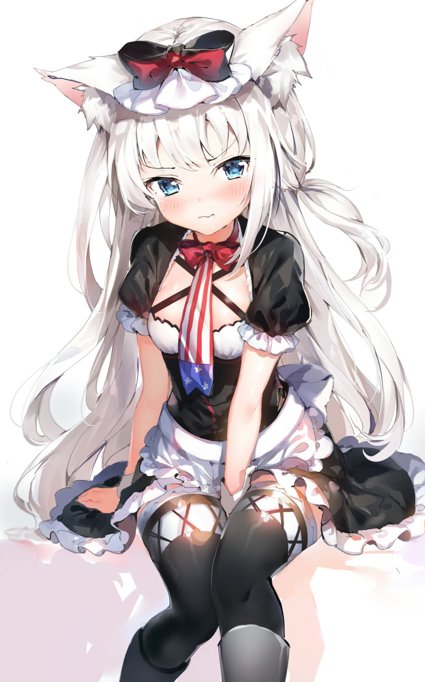 1girl 3: american_flag american_flag_print animal_ears apron azur_lane bangs between_legs black_bow black_legwear blue_eyes blush boots bow breasts cat_ears closed_mouth dress eyebrows_visible_through_hair flag_print frill_trim frills grey_footwear hair_bow hammann_(azur_lane) hand_between_legs hat highres knee_boots long_hair maid maid_headdress necktie one_side_up pout puffy_short_sleeves puffy_sleeves short_sleeves sidelocks silver_hair sitting small_breasts solo thigh-highs tsurime umibouzu_(niito) v-shaped_eyebrows waist_apron wavy_mouth wrist_cuffs