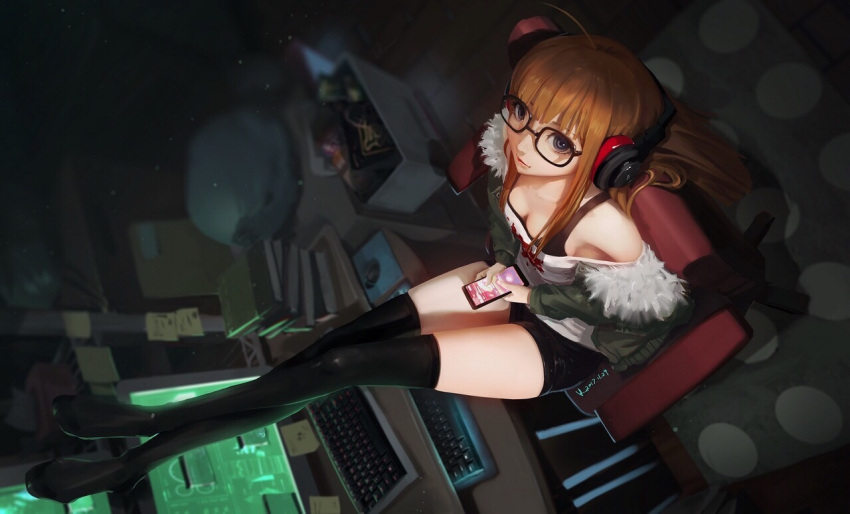 1girl ahoge bangs bare_shoulders behind-the-head_headphones black-framed_eyewear black_legwear black_shorts blunt_bangs book_stack box breasts cellphone chair closed_mouth computer computer_keyboard dutch_angle from_above full_body fur_trim futaba_channel glasses holding holding_phone indoors leaning_back legs_up lips long_hair long_sleeves looking_at_viewer looking_up no_shoes note off-shoulder_shirt orange_hair persona persona_5 phone sakura_futaba shirt short_shorts shorts sidelocks signature sitting small_breasts smartphone smile solo tank_top thighs trash_bag vafar7 very_long_hair violet_eyes white_shirt