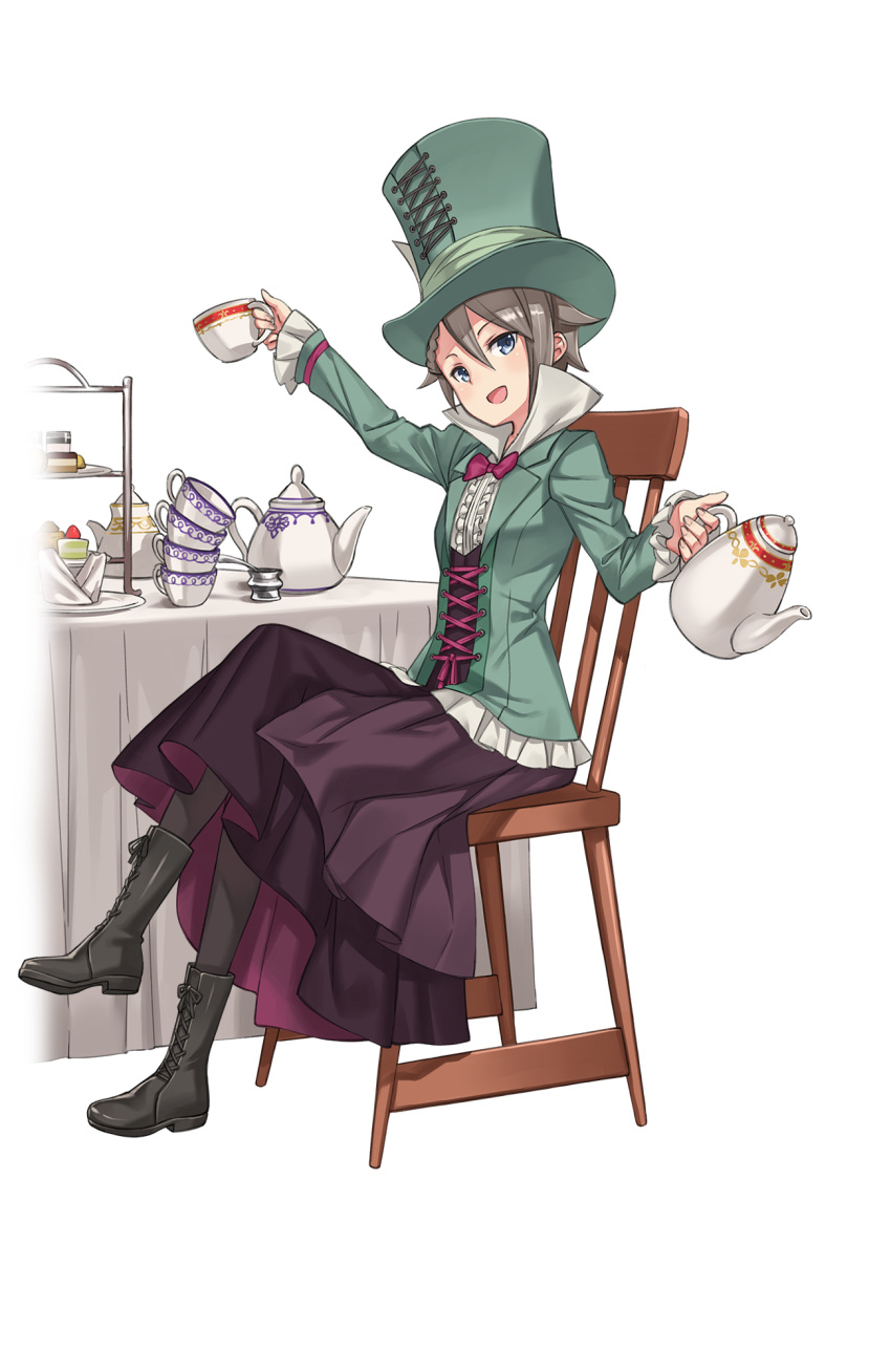 1girl :d alice_in_wonderland ange_(princess_principal) black_footwear blue_eyes boots bow bowtie braid brown_footwear chair cosplay cross-laced_clothes cross-laced_footwear cup dress food full_body green_hat grey_hair hat highres long_sleeves looking_at_viewer mad_hatter mad_hatter_(cosplay) napkin official_art open_mouth pantyhose plate princess_principal princess_principal_game_of_mission sitting smile table teacup teapot tiered_tray