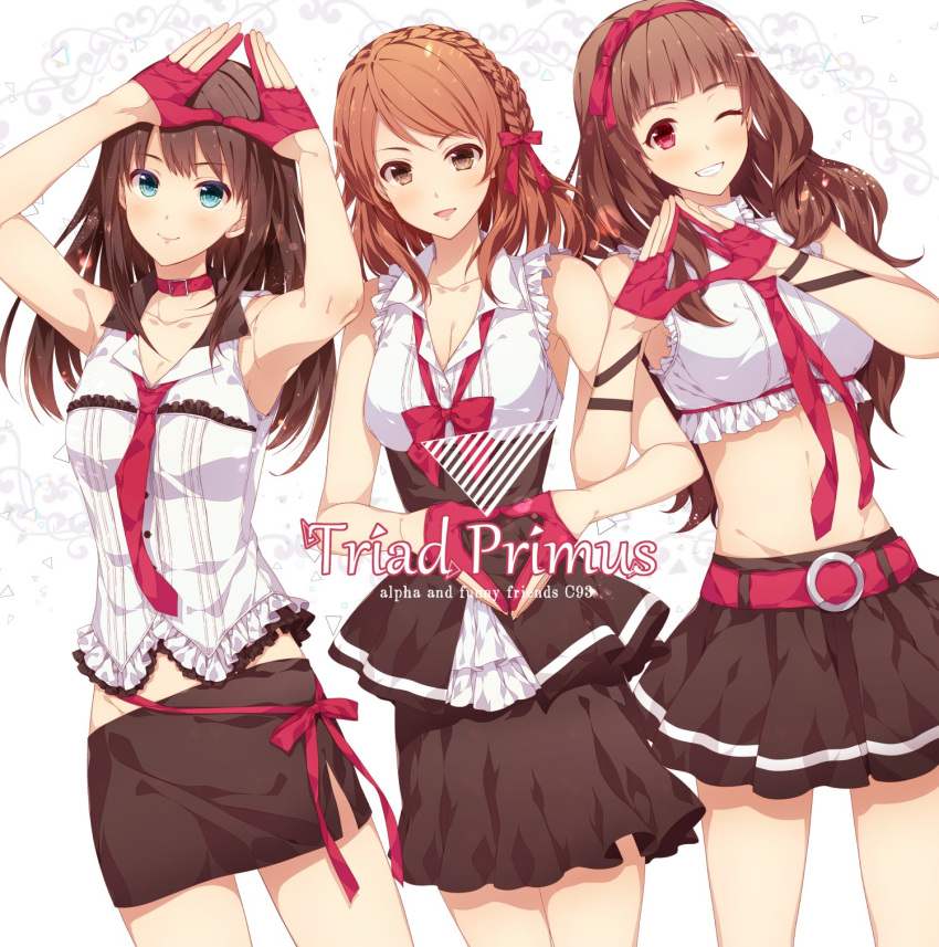 3girls alpha_(yukai_na_nakamatachi) braid breasts brown_eyes brown_hair choker cleavage fingerless_gloves gloves green_eyes hair_ribbon highres houjou_karen idolmaster idolmaster_cinderella_girls kamiya_nao long_hair looking_at_viewer medium_breasts midriff multiple_girls navel one_eye_closed open_mouth red_eyes ribbon shibuya_rin skirt triad_primus