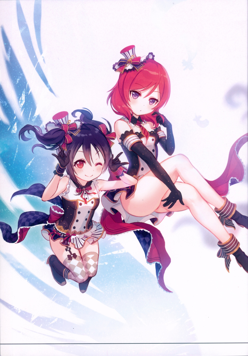 2girls absurdres bare_shoulders black_gloves black_hair blush bow bowtie breasts elbow_gloves eyebrows_visible_through_hair garter_straps gloves hair_bow hair_ornament hat high_heels highres huge_filesize looking_at_viewer love_live! love_live!_school_idol_project medium_breasts mini_hat multiple_girls necktie nishikino_maki one_eye_closed piu_(mepod) redhead scan short_hair short_twintails simple_background skirt sleeveless smile thigh-highs twintails yazawa_nico